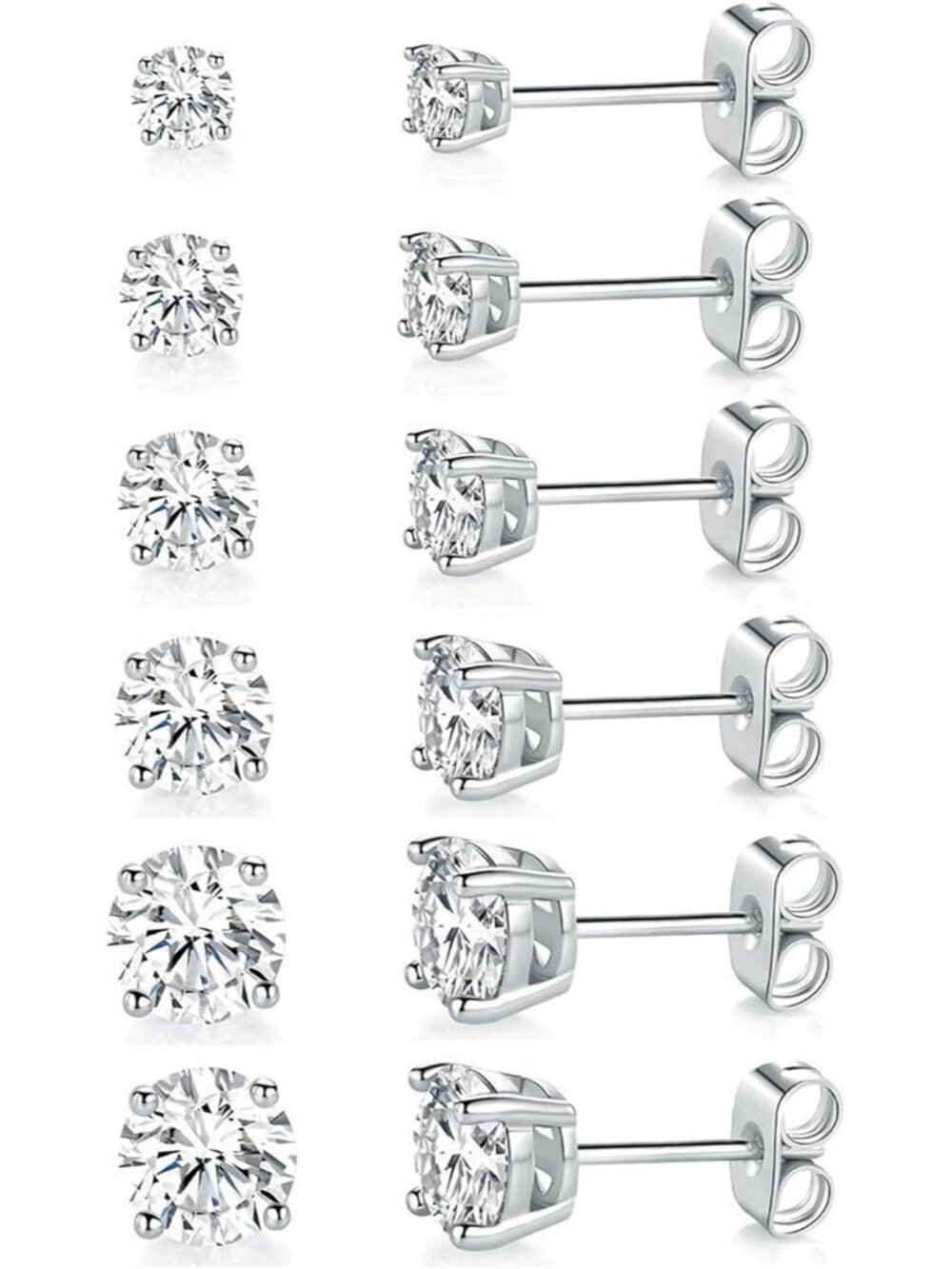 18K White Gold Plated Round Cubic Zirconia Stud Earrings Pack, 6 Pairs